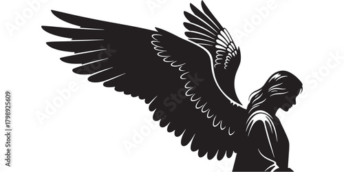 Angel silhouette with large wings looking down
