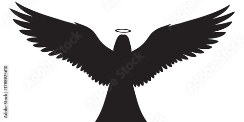 Angel silhouette spreading wings with halo symbol