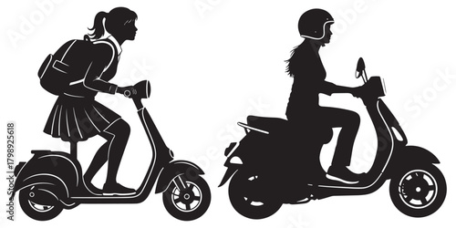 Women riding scooters black silhouettes on white background