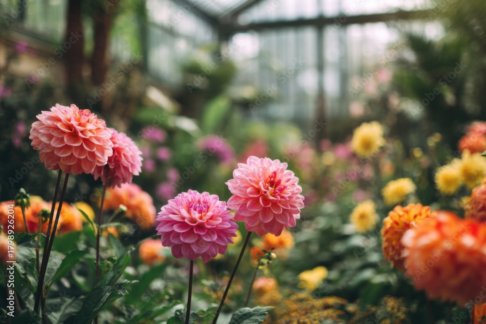 Obraz premium Bright pink dahlias surrounded by vibrant flowers in a lush garden setting during daytime in a greenhouse