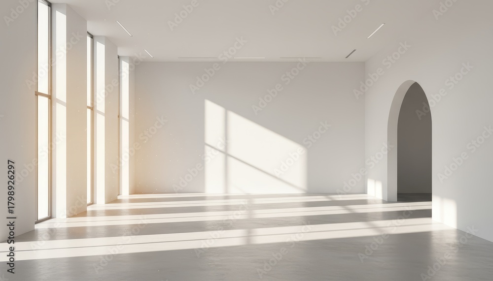 Fototapeta premium Sunlight entering a bright empty room with clean minimal architecture