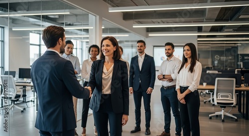Businesswoman shaking hands with a man as a team of professionals stands in the background