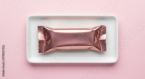 Top view of a shiny rose gold candy bar wrapper on a white plate, placed on a pink background, creating a minimalist and elegant aesthetic for snack presentation