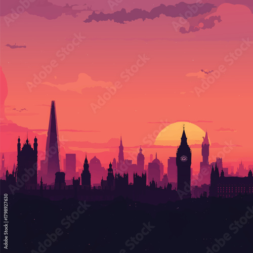 London landmark buildings silhouetted against a stunning sunset sky, perfect for travel brochures, city guides, or social media posts.
