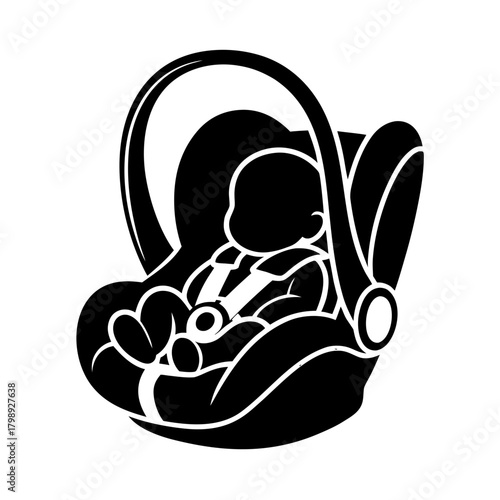 Vector icon of a baby in a child car seat, secured with seat belts. Child in a safe car seat, transporting children in a car. Protecting and caring for a child while traveling. Baby in a carrycot