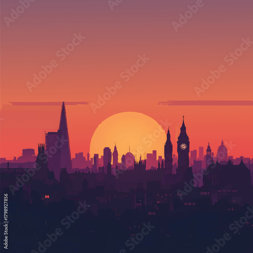 London sunset silhouettes landmark buildings capturing the citys beauty as twilight paints the sky.


