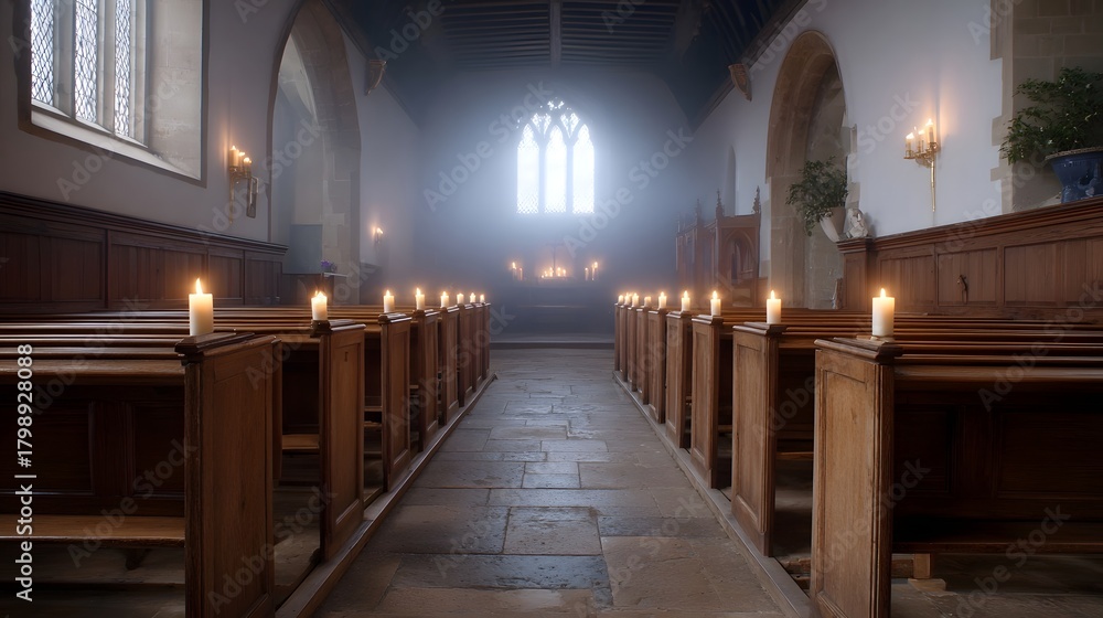 Fototapeta premium Interior of a historic church with rows of wooden pews lit candles and atmospheric mist near the altar and window