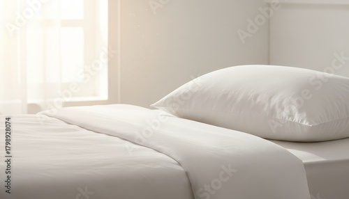 Soft white pillow on clean bed with bright morning light