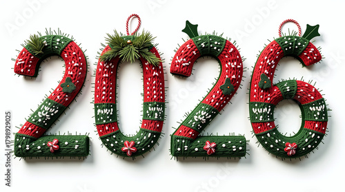 New Year Number 2026 with retro Christmas sweeter in white background, Happy New Year Celebration sign