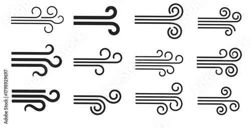 Collection of hand drawn swirling wind icons representing different wind strengths and directions