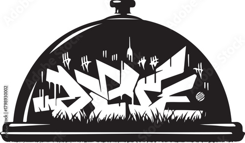 Food cover dome graffiti with black spray paint silhouette