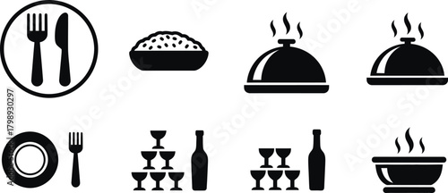 Collection of black and white icons representing food service dining and celebration elements