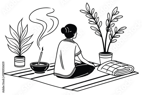 Woman Meditating with Incense and Plants in a Room meditation yoga