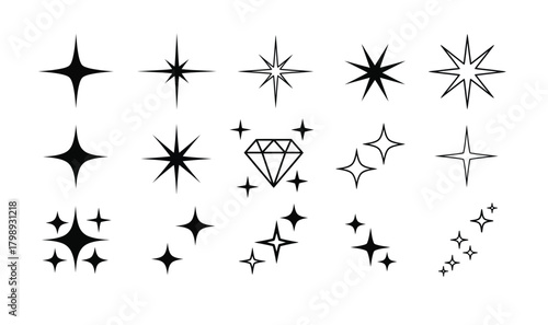 Collection of hand drawn sparkle starbursts and diamond icons for design elements