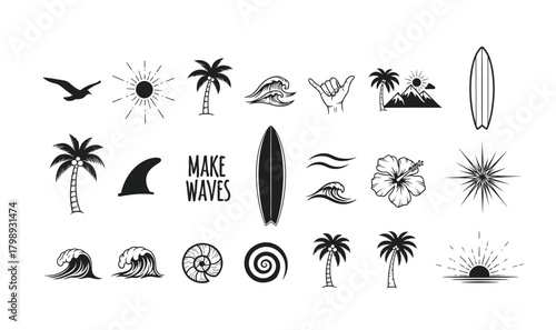 Collection of black and white hand drawn surf and beach themed icons and illustrations