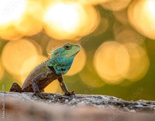 Close-up of a lizard perched with an illuminated sunset backdrop