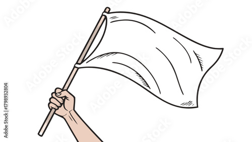 Illustration of white flag waving in hand drawing for surrender concept and peace symbol clip art design