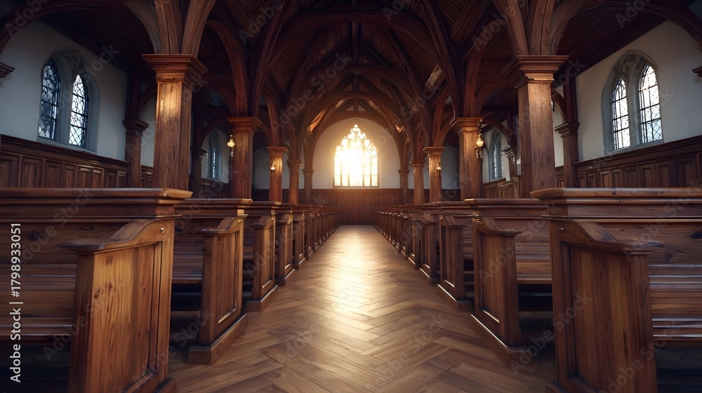 Fototapeta premium Interior view of a grand wooden church with pews vaulted ceilings and light streaming through stained glass
