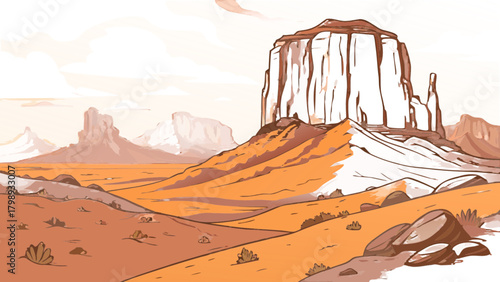 Explore scenic desert landscape illustration with mountains, rocks and sand dunes in southwest style art, vector