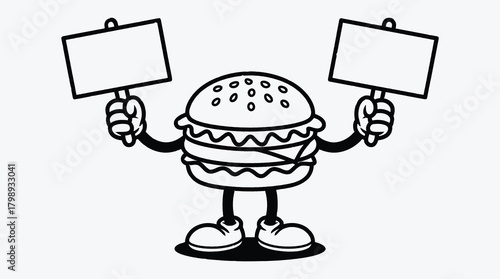 Cartoon Burger Character Holding Blank Signs Illustration For Promotion Graphic Art