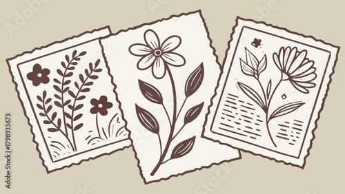 Vintage botanical sketches on paper isolated on, featuring floral designs
