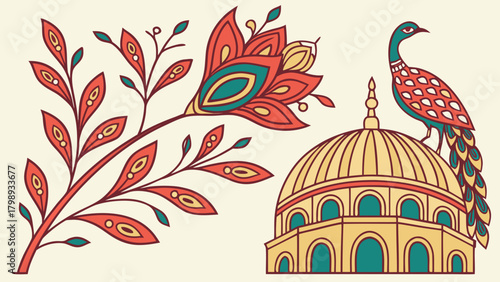 Ornate floral design with a peacock perched atop a domed structure