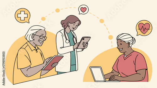 Telehealth connecting doctor, nurse, and patient for remote healthcare isolated on