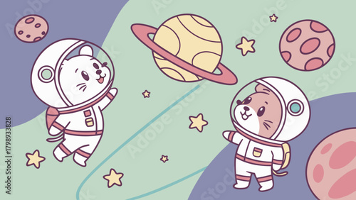 Cute cartoon hamster astronauts exploring space with planets and stars around them