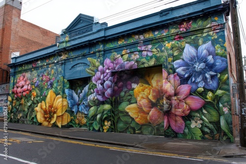 Vibrant street art mural featuring colorful flowers on a building's exterior, showcasing local creativity and beauty in the urban landscape