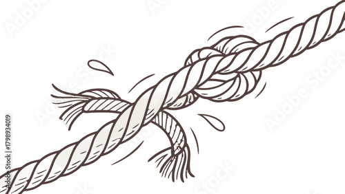 Rope breaking strength test illustration, frayed rope, knot, stress, tension, failure, cartoon style