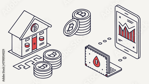 Isometric illustration of bitcoin transactions and cryptocurrency exchange isolated on