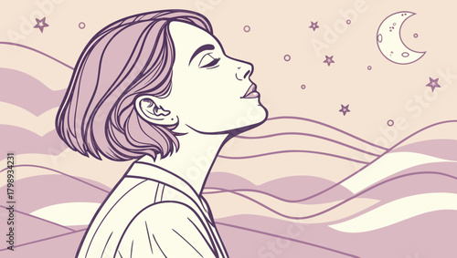 Woman looking at the moon and stars with a dreamy expression on her face