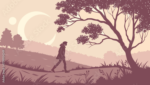 A serene walk under the moonlight through the hills and trees landscape