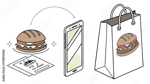 Sandwich order process with phone and bag isolated on