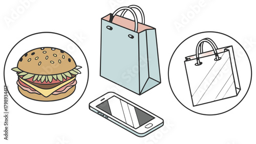 Burger, bag, and phone arrangement isolated on