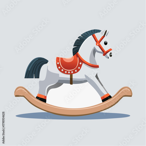 Illustration of a charming white rocking horse with an orange saddle and a blue tail, perfect for toys!