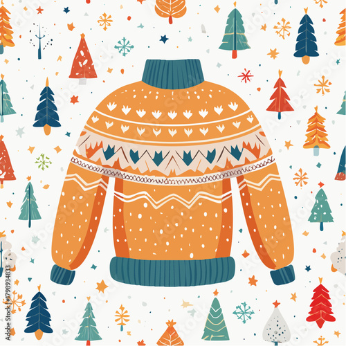 Festive seamless pattern with a cozy orange knitted Christmas sweater surrounded by colorful holiday trees and snowflakes for a winter celebration