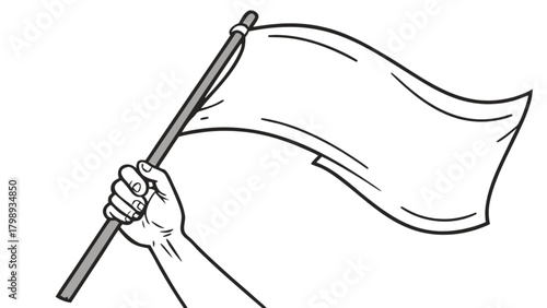 White flag surrender illustration vector art, hand holding blank flag drawing, peace symbol, waving flag 100