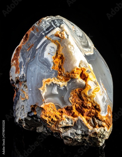 Close-up of a vibrant, natural stone exhibiting swirling patterns. It showcases layers of gray, white, and orange-brown hues against a black background