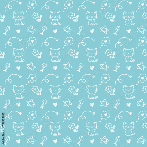 seamless pattern cute cats with funny fishes