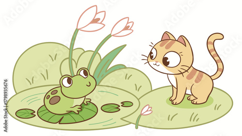 A cute cat looking at a frog isolated on