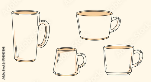 A collection of four different sized ceramic mugs filled with a hot beverage.