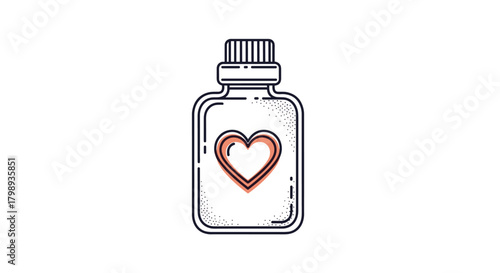This is a simple illustration of a glass bottle with a heart emblem inside and a cap on top.