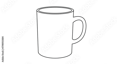 A simple illustration of a tall cylindrical mug with a C shaped handle suitable for hot beverages.