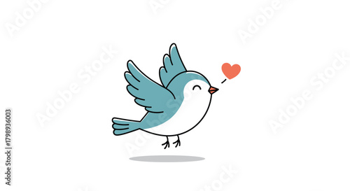 A delightful little blue bird flying with a heart symbol floating above its head.