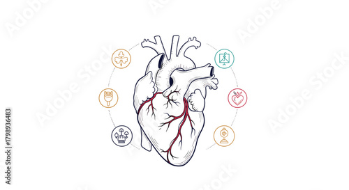 Anatomical heart illustration surrounded by symbolic circular ornaments and celestial elements.