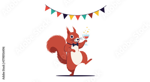 A cheerful red squirrel is celebrating with a glass of champagne under a festive banner.