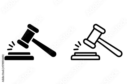 Two gavel illustrations one solid black and one outlined showing law and legal proceedings clearly