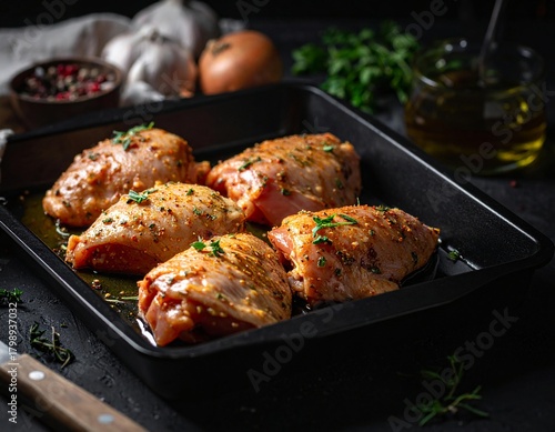 Raw Chicken Marinated with Herbs and Oil Ready for Cooking