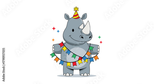 A cute cartoon rhinoceros wearing a party hat and a garland of flags is ready to celebrate.